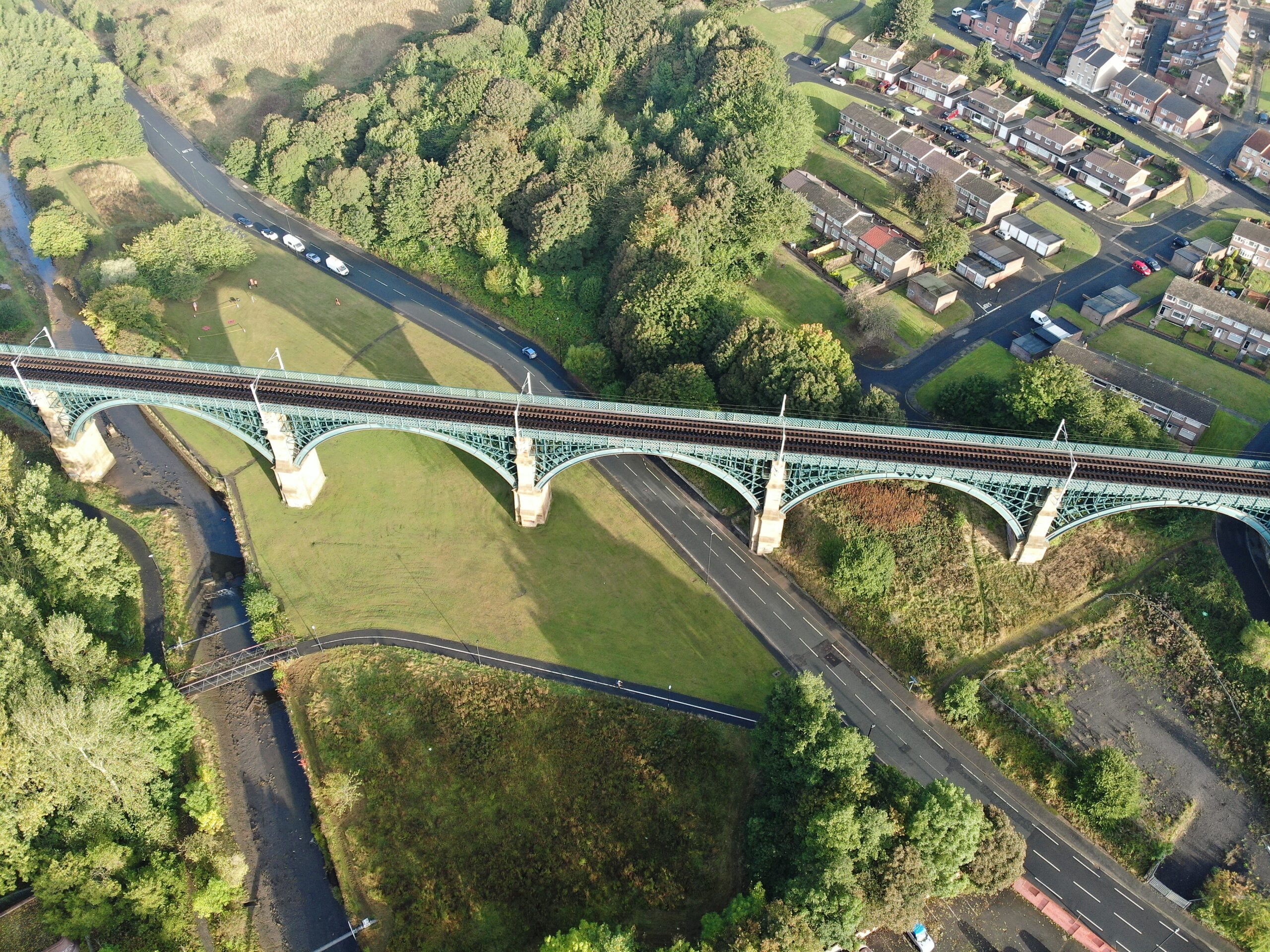 A drone image of Howdon Viaduct and surrounding green space